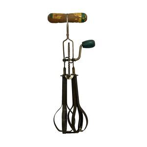 Antique A&J USA High Speed Hand Mixer Egg Beater Vintage Green Wood Handle